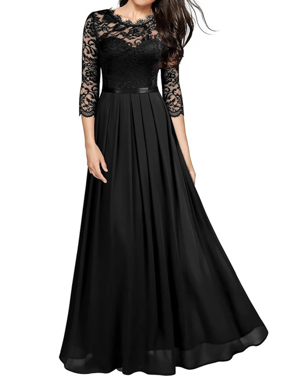 Women‘s Black Dress Prom Dress Black Lace Dress Party Dress Long Dress Maxi Dress Green 3/4 Length Sleeve Spring Fall Crew Neck Fashion